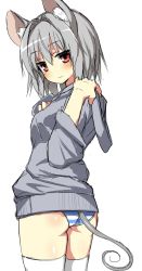 Rule 34 | 1girl, alternate costume, animal ears, ass, colorized, dress shirt, greatmosu, grey hair, highres, hood, hoodie, image sample, long sleeves, looking at viewer, looking back, mouse ears, mouse tail, nazrin, panties, red eyes, shirt, short hair, simple background, sketch, smile, solo, striped clothes, striped panties, tail, thighhighs, touhou, underwear, white background, white thighhighs