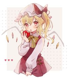 Rule 34 | 1girl, apple, blonde hair, blush, bow, bowtie, cropped legs, crystal, flandre day, flandre scarlet, food, food bite, fruit, hand up, hat, hat bow, heart, highres, holding, holding food, holding fruit, long hair, long sleeves, mob cap, nig 18, open mouth, red bow, red eyes, red skirt, red vest, shirt, skirt, solo, striped bow, striped bowtie, striped clothes, touhou, upper body, vest, white background, white hat, white shirt, wings, yellow bow, yellow bowtie
