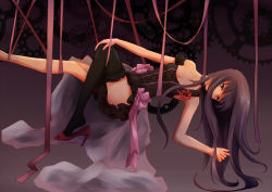 Rule 34 | 10s, 1girl, akemi homura, akemixu, bare shoulders, bdsm, black dress, black hair, black thighhighs, bondage, bound, breasts, choker, cleavage, collarbone, dress, flower, gears, hairband, high heels, highres, long hair, looking at viewer, mahou shoujo madoka magica, mahou shoujo madoka magica (anime), off shoulder, outstretched leg, purple eyes, restrained, ribbon, shoe dangle, single thighhigh, sleeveless, sleeveless dress, small breasts, smile, solo, spider lily, strap slip, suspension, thighhighs, thighs, zetta ryouki, zettai ryouiki