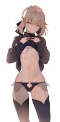 Rule 34 | 1girl, absurdres, artoria pendragon (all), artoria pendragon (fate), arutera, bikini, black bikini, black panties, black thighhighs, blonde hair, braid, breasts, bright pupils, casual, clothes lift, contemporary, contrapposto, fate/grand order, fate (series), gluteal fold, hair ribbon, half-closed eyes, hands on own chest, highres, legs apart, lifted by self, long sleeves, navel, no bra, panties, parted lips, ribbon, saber alter, simple background, small breasts, solo, standing, stomach, sweater, sweater lift, swimsuit, thighhighs, turtleneck, turtleneck sweater, underboob, underwear, white background, white pupils, yellow eyes