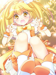 Rule 34 | 10s, 1girl, blonde hair, blush, boots, bow, cocoa (cafe-hotcocoa), cure peace, double v, hair flaps, highres, kise yayoi, magical girl, open mouth, ponytail, precure, shorts, shorts under skirt, skirt, smile precure!, solo, tears, v, wavy mouth, wide ponytail, yellow bow, yellow eyes, yellow shorts, yellow skirt, yellow theme