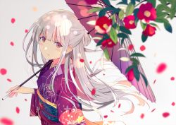 Rule 34 | 1girl, blurry, blurry foreground, blush, brown eyes, camellia, commentary request, depth of field, floral print, flower, from side, gradient background, grey background, hair between eyes, half updo, highres, holding, holding umbrella, japanese clothes, kimono, long hair, long sleeves, looking at viewer, mole, mole under eye, obi, oil-paper umbrella, original, parted lips, petals, print kimono, purple umbrella, red flower, red kimono, sash, silver hair, solo, sutorora, umbrella, very long hair, wide sleeves