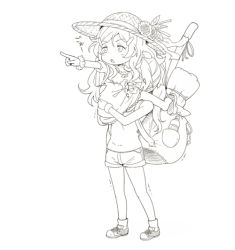 Rule 34 | 2girls, ankle socks, backpack, bag, blush, bottle, carrying, couple, covering face, flower, hair ornament, hairclip, hairu, hat, long hair, monochrome, multiple girls, partially colored, pointing, saegusa wakaba, sandals, shaking, shinomiya himawari, shoes, shorts, simple background, sneakers, socks, spot color, sun hat, sunflower, trembling, vividred operation, water bottle, yuri