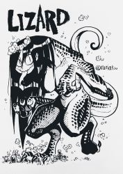 Rule 34 | 1girl, absurdres, claws, fingernails, full body, greyscale, head wreath, highres, ink (medium), inktober, long hair, looking at viewer, monochrome, monster, monster girl, original, rariatto (ganguri), reptile girl, sharp fingernails, sharp teeth, simple background, solo, standing, standing on one leg, teeth, tongue, tongue out, traditional media, twitter username, white background