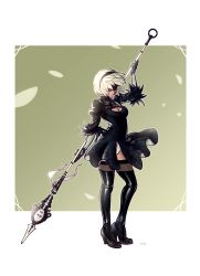 Rule 34 | 1girl, bad id, bad tumblr id, black dress, black footwear, black thighhighs, blindfold, boots, dress, feather-trimmed sleeves, full body, hairband, high heel boots, high heels, highres, nier:automata, nier (series), optionaltypo, panties, pantyshot, polearm, silver hair, solo, spear, standing, thigh boots, thighhighs, underwear, weapon, white panties, wind, wind lift, 2b (nier:automata)