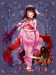 Rule 34 | 1girl, black hair, dennryuurai, dog, horns, japanese clothes, kimono, psychic hearts, sword, torn clothes, weapon, yellow eyes