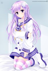 Rule 34 | 1girl, blush, boots, choker, commentary, d-pad, d-pad hair ornament, dress, full body, hair between eyes, hair ornament, hand on own arm, helvetica std, highres, indoors, kneeling, long hair, looking at viewer, neckerchief, nepgear, neptune (series), on bed, panties, pantyshot, purple eyes, purple hair, sailor dress, signature, smile, solo, striped clothes, striped panties, striped thighhighs, thighhighs, underwear, very long hair, white choker, yellow neckerchief