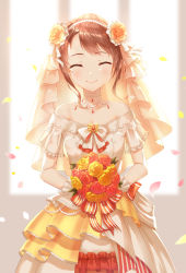Rule 34 | 1girl, ^ ^, bad id, bad pixiv id, bang dream!, bare shoulders, breasts, bridal veil, brown hair, closed eyes, closed mouth, dress, flower, gloves, hair flower, hair ornament, holding, holding flower, jewelry, looking at viewer, lunacle, necklace, own hands together, petals, purple eyes, short sleeves, small breasts, smile, solo, swept bangs, toyama kasumi, veil, white dress