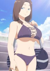 Rule 34 | 1girl, ai-chan&#039;s mother (tawawa), bikini, blue eyes, breasts, brown hair, cleavage, getsuyoubi no tawawa, highres, large breasts, legs, mature female, navel, purple bikini, seductive smile, smile, solo, stitched, swimsuit, thighs, third-party edit, underboob