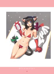 Rule 34 | 1girl, animal ears, bell, bikini, black hair, blue eyes, blush, bow, box, breasts, cat ears, cat tail, christmas, covered erect nipples, elbow gloves, feet out of frame, fur trim, gift, gift box, gloves, highres, holding, holding gift, looking at viewer, looking back, medium breasts, medium hair, open mouth, original, page number, photoshop (medium), reclining, red bikini, ryoji (nomura ryouji), sack, santa bikini, side-tie bikini bottom, smile, snowing, snowman earrings, solo, swimsuit, tail, tail bow, tail ornament
