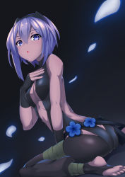 Rule 34 | 1girl, absurdres, ass, back, bare shoulders, belt, black background, black gloves, black hairband, black leotard, breasts, butt crack, center opening, dark-skinned female, dark skin, fate/prototype, fate/prototype: fragments of blue and silver, fate (series), feet, fingerless gloves, gloves, gradient background, hair between eyes, hairband, hand on own chest, hassan of serenity (fate), highres, leggings, legs, leotard, looking at viewer, looking back, medium breasts, open mouth, petals, purple eyes, purple hair, short hair, sitting, wariza, yamachi (xadp7533)