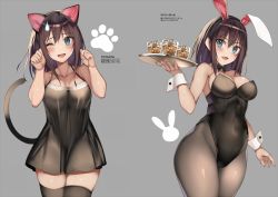 Rule 34 | 2girls, :d, ;d, alcohol, animal ears, bare arms, bare shoulders, black dress, black legwear, black leotard, blue eyes, bow, bowtie, breasts, brown hair, brown legwear, cat ears, cat tail, cleavage, collarbone, covered navel, cowboy shot, cup, detached collar, dress, drinking glass, fake animal ears, grey background, hairband, halter dress, halterneck, hand up, hands up, holding, holding tray, kureha (ironika), large breasts, leotard, long hair, looking at viewer, multiple girls, one eye closed, open mouth, original, pantyhose, paw pose, playboy bunny, rabbit ears, sidelocks, sleeveless, sleeveless dress, smile, standing, sweatdrop, tail, thighhighs, tray, tsubasa (kureha), wrist cuffs, zettai ryouiki
