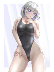 Rule 34 | 1girl, black one-piece swimsuit, blue eyes, breasts, cameltoe, cleavage, commentary request, competition swimsuit, cowboy shot, grey hair, groin, hair ornament, hairclip, highleg, highleg swimsuit, large breasts, looking at viewer, mashinatsu, one-piece swimsuit, original, short hair, solo, standing, swimsuit, wet, wet clothes, wet swimsuit
