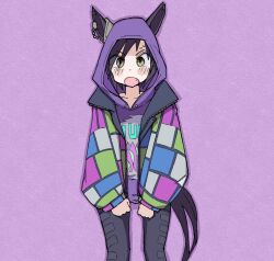 Rule 34 | 1girl, air shakur (umamusume), animal ears, black hair, black pants, blush, ears through hood, eyebrow piercing, fang, feet out of frame, hood, hood up, hoodie, horse ears, horse girl, horse tail, jacket, long sleeves, looking at viewer, open clothes, open jacket, open mouth, pants, piercing, purple hoodie, sleeves past wrists, solo, standing, straight-on, sudzume, tail, umamusume, v arms, yellow eyes