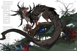 Rule 34 | animal focus, artist name, blue flower, chinese commentary, commentary request, flower, from side, full body, grass, highres, kamikiririp, looking at viewer, monster, moss, no humans, open mouth, original, outdoors, plant roots, red flower, sharp teeth, slit pupils, solo, tail, talons, teeth, tongue, tongue out, watermark, white background, yellow eyes