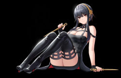 Rule 34 | 1girl, absurdres, bare shoulders, black background, black dress, black gloves, black hair, black thighhighs, boots, breasts, chinese commentary, cleavage, closed mouth, dagger, dress, dual wielding, earrings, fingerless gloves, flower, full body, gloves, gold earrings, hair flower, hair ornament, hand up, high heel boots, high heels, highres, holding, holding dagger, holding knife, holding weapon, jewelry, knees up, knife, large breasts, long hair, off-shoulder dress, off shoulder, red eyes, rose, sidelocks, simple background, sitting, smile, solo, spikes, spy x family, t zhonglang, thigh boots, thighhighs, thighs, two-sided dress, two-sided fabric, weapon, yor briar, zettai ryouiki