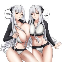 Rule 34 | 2girls, absurdres, ak-12 (age of slushies) (girls&#039; frontline), ak-12 (girls&#039; frontline), bikini, braid, breasts, cleavage, closed eyes, closed mouth, french braid, girls&#039; frontline, grey hair, groin tendon, hair ribbon, highres, huge breasts, jacket, large breasts, long hair, long sleeves, matsu arts, multiple girls, navel, official alternate costume, ribbon, sidelocks, simple background, smile, solo, swimsuit, thighs, white background, white hair