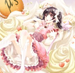 Rule 34 | 10s, 1girl, black hair, convenient leg, cream, food, group name, highres, long hair, love live!, love live! school idol festival, love live! school idol project, oversized object, pantyhose, pinstripe pattern, red eyes, solo, striped, sweets, tasting, twintails, underbust, yache, yazawa nico