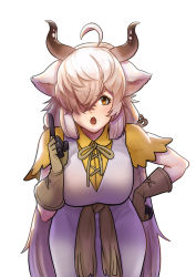 Rule 34 | 1girl, :o, absurdres, ahoge, animal ears, blonde hair, breasts, brown eyes, commentary request, gloves, hair over one eye, hand on own hip, highres, horns, index finger raised, kemono friends, korean commentary, large breasts, leaning forward, long hair, looking at viewer, ox ears, ox girl, ox horns, roonhee, simple background, solo, very long hair, white background, yak (kemono friends)