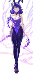 Rule 34 | 1girl, alternate costume, animal ears, bare shoulders, breasts, cleavage, commentary, detached collar, fake animal ears, full body, genshin impact, highres, holding, holding sword, holding weapon, large breasts, leotard, long braid, long hair, looking at viewer, pantyhose, playboy bunny, purple eyes, purple hair, purple leotard, purple pantyhose, rabbit ears, raiden shogun, solo, standing, strapless, strapless leotard, sword, thighs, uenoryoma, very long hair, weapon, white background, wrist cuffs