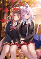 Rule 34 | 2girls, absurdres, ahoge, alternate costume, animal ear fluff, animal ears, autumn leaves, bag, bench, black choker, black jacket, blurry, blurry foreground, bow, bowtie, brown hair, cat ears, cat girl, cat tail, choker, closed eyes, closed mouth, collared shirt, dog ears, dog girl, dog tail, feet out of frame, highres, holding another&#039;s arm, hololive, inugami korone, jacket, long hair, long sleeves, looking at another, multiple girls, necktie, nekomata okayu, outdoors, parted lips, pleated skirt, purple eyes, purple hair, red bow, red choker, red neckwear, red skirt, shirt, sitting, skirt, sleeping, smile, striped bow, striped bowtie, striped clothes, striped neckwear, tail, tree, virtual youtuber, wolfgang (paul94104875)