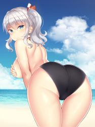 Rule 34 | 10s, 1girl, ass, back, beach, bent over, bikini, black bikini, blue eyes, breasts, cloud, covering privates, covering breasts, day, frown, hair ribbon, highres, kantai collection, kashima (kancolle), looking at viewer, looking back, medium breasts, ribbon, silver hair, solo, sweatdrop, swimsuit, thigh gap, thighs, topfreedom, topless, twintails, upset, usa b, wavy hair
