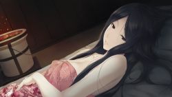 Rule 34 | 1girl, bare shoulders, black eyes, black hair, breasts, fire, futon, game cg, innocent grey, kara no shoujo 2, long hair, looking at viewer, lying, pillow, solo, sugina miki