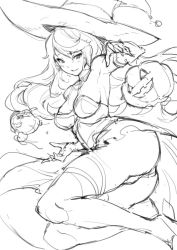 Rule 34 | 1girl, ass, breasts, character request, commentary, elbow gloves, feet out of frame, floating hair, gloves, granblue fantasy, greyscale, halloween, haoni, hat, jack-o&#039;-lantern, looking at viewer, medium breasts, monochrome, parted lips, simple background, sketch, smile, solo, thighhighs, white background, witch hat
