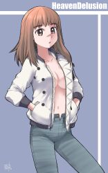 Rule 34 | 1girl, :o, artist name, blue background, blue pants, breasts, brown eyes, brown hair, cleavage, closed mouth, collarbone, copyright name, cowboy shot, denim, expressionless, hands in pockets, highres, jacket, jeans, kikumaru bunta, kiruko (tengoku daimakyou), long sleeves, looking at viewer, medium breasts, medium hair, midriff, navel, no shirt, open clothes, open fly, open jacket, pants, parted lips, popped collar, quilted jacket, scar, scar on face, signature, solo, standing, tengoku daimakyou, thick eyebrows, unzipped, white jacket