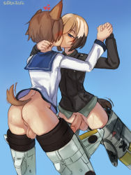 Rule 34 | 2girls, ass, blonde hair, blue eyes, blush, bottomless, breasts, brown hair, dog tail, dress, erica hartmann, flying, futanari, futanari, highres, holding hands, kiss, looking at another, military, military uniform, miyafuji yoshika, multicolored hair, multiple girls, no panties, penis, sailor dress, seraziel, sky, small breasts, strike witches, striker unit, tail, testicles, uniform, world witches series