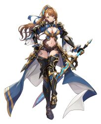 Rule 34 | 1girl, absurdres, armor, armored boots, asymmetrical bangs, beatrix (granblue fantasy), belt, belt buckle, black shorts, blue shirt, boots, breasts, brown hair, buckle, cleavage cutout, closed mouth, clothing cutout, cuisses, full body, gauntlets, granblue fantasy, green eyes, half-skirt, highres, holding, holding sword, holding weapon, large breasts, ll 0109, long hair, navel, navel cutout, ponytail, shirt, short shorts, shorts, shoulder armor, simple background, smile, solo, sword, weapon, white background