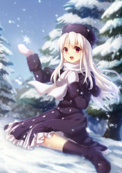 Rule 34 | 1girl, :d, bad id, bad pixiv id, boots, clenched hand, coat, day, fate/stay night, fate (series), fur hat, hat, highres, illyasviel von einzbern, long hair, mittens, open mouth, outdoors, papakha, purple footwear, purple hat, red eyes, scarf, sitting, smile, snow, snowflakes, snowing, solo, tree, white hair, white mittens, white scarf, yezhi na
