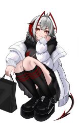 Rule 34 | 1girl, absurdres, ahoge, alternate costume, antennae, arknights, bag, bike shorts, black footwear, black hoodie, black shorts, black skirt, black socks, closed mouth, commentary, cross-shaped pupils, demon girl, demon horns, demon tail, grey hair, head rest, highres, holding, holding bag, hood, hood down, hoodie, horns, jacket, long sleeves, looking at viewer, myb52, open clothes, open jacket, orange eyes, puffy long sleeves, puffy sleeves, red horns, shopping bag, short hair, shorts, simple background, skirt, smile, socks, solo, squatting, symbol-shaped pupils, tail, w (arknights), white background, white jacket, wis&#039;adel (arknights), yellow eyes