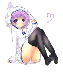Rule 34 | 1girl, absurdres, animal hood, arm support, bad id, bad pixiv id, black thighhighs, blush, cat hood, chestnut mouth, commentary request, fingernails, full body, funakoshi, hair between eyes, heart, highres, hood, hood up, hoodie, long sleeves, looking at viewer, myu (quiz magic academy), no shoes, panties, parted lips, purple eyes, purple hair, quiz magic academy, short hair, simple background, sleeves past wrists, soles, solo, thighhighs, underwear, white background, white hoodie, white panties