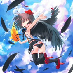 Rule 34 | 1girl, ;d, alternate costume, ass, black hair, black panties, black thighhighs, black wings, blush, brown hair, camera, feathered wings, feathers, female focus, flying, full body, geta, hand fan, hat, holding, looking at viewer, looking back, miniskirt, one eye closed, open mouth, outstretched arm, panties, pantyshot, patorishia, patricia (stylish marunage), red eyes, shameimaru aya, short hair, skirt, sky, smile, solo, team shanghai alice, thighhighs, tokin hat, touhou, underwear, upskirt, wings, wink