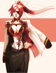 Rule 34 | 1girl, alternate costume, baiken, breasts, choker, cleavage, eyepatch, formal, guilty gear, hand on own hip, highres, large breasts, long hair, long skirt, looking at viewer, pink eyes, pink hair, ponytail, redesign, riftka, skirt, solo focus, suit