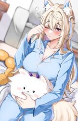 Rule 34 | 1girl, animal ear fluff, animal ears, bed, bedroom, blanket, blonde hair, blue hair, blue pajamas, breasts, cleavage, curtains, dog ears, dog girl, fuwawa abyssgard, hair ornament, highres, hololive, hololive english, indoors, large breasts, long hair, multicolored hair, navel, on bed, pajamas, pillow, pink eyes, rissa (user chiwa2385), solo, streaked hair, virtual youtuber, waking up