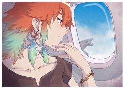 Rule 34 | 1girl, aircraft, airplane, airplane interior, airplane wing, alternate costume, blue sky, border, bracelet, breasts, brown shirt, casual, closed mouth, cloud, collarbone, crmanzana, day, death-sensei (mori calliope), earrings, feathers, gradient hair, green hair, hand up, highres, hololive, hololive english, jewelry, looking outside, medium breasts, medium hair, multicolored hair, orange hair, pink nails, profile, purple eyes, shirt, skull earrings, sky, solo, stud earrings, takanashi kiara, upper body, virtual youtuber, white border, window