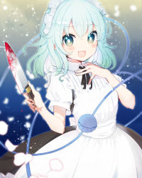 Rule 34 | 1girl, absurdres, alternate costume, aoi (annbi), apron, black ribbon, blood, blood drip, bloody knife, clip studio paint (medium), commentary, enmaided, green eyes, green hair, hand on own chest, highres, holding, holding knife, knife, komeiji koishi, looking at viewer, maid, maid apron, maid headdress, neck ribbon, no headwear, no headwear, open mouth, ribbon, short sleeves, skirt, solo, third eye, touhou, white apron