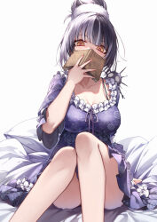 Rule 34 | 1girl, alternate hairstyle, black hair, book, breasts, cleavage, collarbone, commentary, covered mouth, curry bowl, dress, english commentary, frilled dress, frilled sleeves, frills, grey hair, hair bun, hair up, highres, holding, holding book, hololive, hololive english, large breasts, long hair, looking at viewer, multicolored hair, open book, shiori novella, split-color hair, virtual youtuber, yellow eyes
