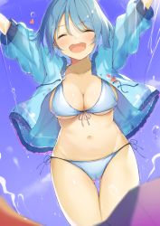 Rule 34 | 1girl, arms up, bikini, blue bikini, blue hair, blue jacket, blue sky, breasts, cleavage, cowboy shot, day, closed eyes, facing viewer, front-tie bikini top, front-tie top, gluteal fold, happy, jacket, medium breasts, navel, open mouth, outdoors, piyodesu, sky, smile, solo, splashing, standing, stomach, summer, swimsuit, tatara kogasa, thigh strap, touhou, wet