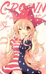 Rule 34 | 1girl, ;d, american flag dress, blonde hair, blush, breasts, clownpiece, commentary request, cowboy shot, double v, english text, engrish text, frilled shirt collar, frills, hat, highres, jester cap, kirero, long hair, looking at viewer, no legwear, no wings, one-hour drawing challenge, one eye closed, open mouth, polka dot, pun, ranguage, red eyes, short sleeves, small breasts, smile, solo, star (symbol), star print, touhou, v, very long hair