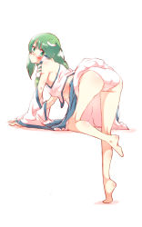 Rule 34 | 1girl, ass, bad id, bad pixiv id, bare legs, bare shoulders, barefoot, bent over, blush, breasts, breath, covered erect nipples, detached sleeves, frog hair ornament, from behind, full body, green eyes, green hair, hair ornament, highres, kochiya sanae, large breasts, leaning forward, long hair, looking at viewer, looking back, non (z-art), panties, sideboob, simple background, snake hair ornament, solo, standing, standing on one leg, sweatdrop, touhou, underwear, white background, white panties, wide sleeves