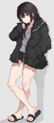 Rule 34 | 1girl, absurdres, against wall, bare legs, batatata77, black footwear, black hair, black jacket, black shorts, brown eyes, closed mouth, commentary request, eyelashes, feet, full body, grey background, grey shirt, hair between eyes, hand in pocket, hand up, heel up, highres, jacket, jewelry, legs, long hair, long sleeves, looking at viewer, necklace, open clothes, open jacket, original, sandals, shadow, shirt, short shorts, shorts, sidelocks, sleeves past wrists, solo, spread toes, standing, thighs, toenails, toes, unzipped