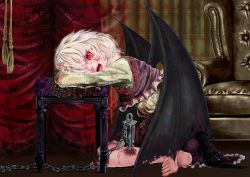 Rule 34 | 1girl, bat wings, blood, chain, couch, fangs, guro, highres, impaled, looking at viewer, muishiki (umauma016), nose, open mouth, original, red eyes, silver hair, sitting, slit pupils, solo, stool, vampire, wings
