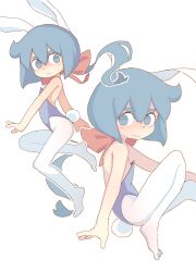 Rule 34 | 1girl, animal ears, bare shoulders, blue eyes, blue hair, blue leotard, bob cut, closed mouth, constanze amalie von braunschbank-albrechtsberger, cowlick, dot nose, fake animal ears, fake tail, flat chest, foot out of frame, from side, full body, hair between eyes, hair ribbon, highres, leotard, light blush, little witch academia, looking at viewer, medium hair, multiple views, no pupils, orenji (orenjipiiru), outline, outstretched arm, pantyhose, playboy bunny, rabbit ears, rabbit tail, red ribbon, ribbon, short eyebrows, simple background, straight hair, tail, thick eyebrows, wavy mouth, white background, white outline, white pantyhose