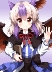 Rule 34 | 1girl, bird wings, black bow, black capelet, blue dress, book, bow, capelet, closed mouth, cowboy shot, dress, gradient background, hair wings, head wings, highres, holding, holding book, horns, long sleeves, looking at viewer, multicolored hair, purple background, purple hair, red eyes, red neckwear, ruu (tksymkw), smile, solo, standing, striped clothes, striped dress, tokiko (touhou), touhou, two-tone hair, white hair, wings