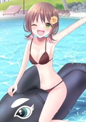 Rule 34 | 1girl, :d, absurdres, arm up, armpits, beach chair, beach umbrella, bikini, blush, breasts, brown hair, cleavage, colored inner hair, flower, green eyes, hair flower, hair ornament, highres, inflatable orca, inflatable toy, low twintails, multicolored hair, nail polish, navel, one eye closed, open mouth, original, outdoors, pink hair, pool, short hair, short twintails, sitting, small breasts, smile, solo, splashing, stigma1101, summer, swimsuit, twintails, umbrella