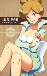 Rule 34 | 1girl, aurea juniper, bare legs, breasts, brown hair, chair, cleavage, clothes, creatures (company), crossed legs, earrings, game freak, green eyes, hair bun, jewelry, lab coat, large breasts, legs, looking at viewer, nintendo, open mouth, poke ball, pokemon, pokemon bw, sitting, sitting on object, smile, solo, vivivoovoo
