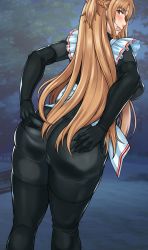 Rule 34 | 1girl, alternate costume, apron, ass, ass grab, asuna (sao), blush, bodysuit, breasts, brown eyes, brown hair, cameltoe, cleft of venus, come hither, deep skin, elbow gloves, from behind, gloves, hair over one eye, half updo, highres, large breasts, latex, latex suit, long hair, looking at viewer, looking back, naughty face, niu ju (orange bull), otzer, saliva, shiny clothes, sideboob, skin tight, smile, solo, sweat, sword art online, thighhighs, tongue, tongue out, very long hair